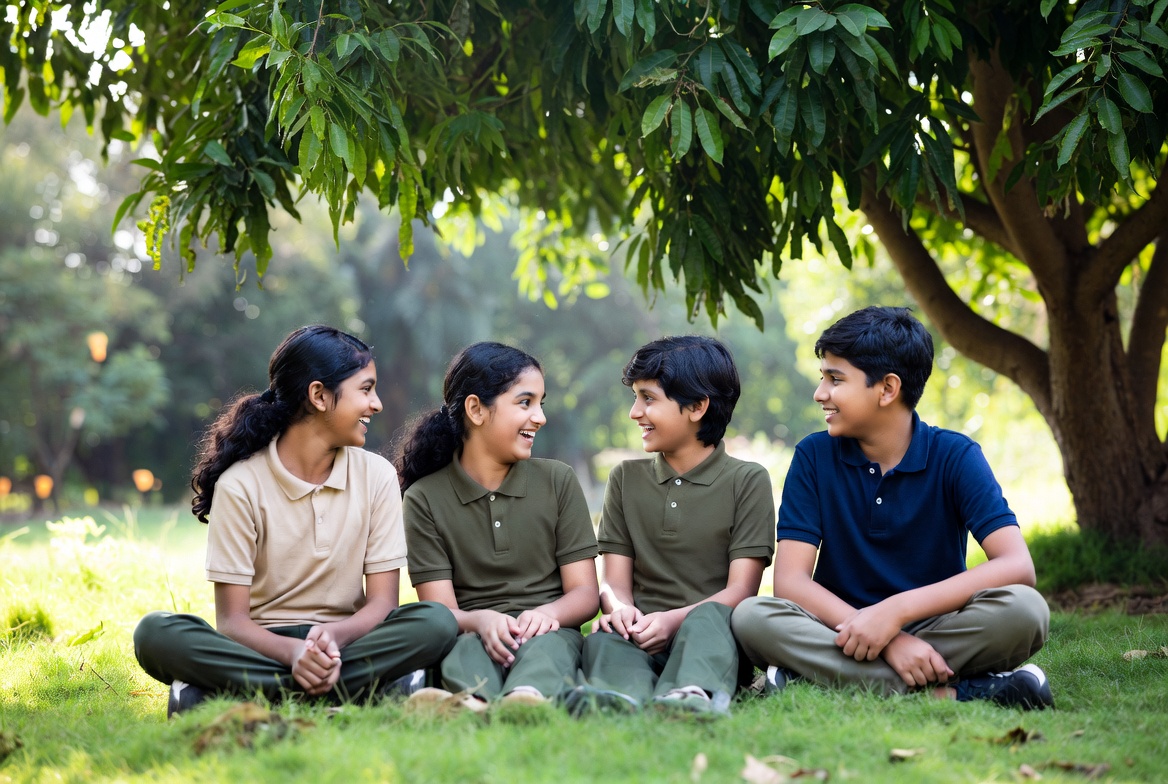 Happy Neeva students learning and laughing together outdoors